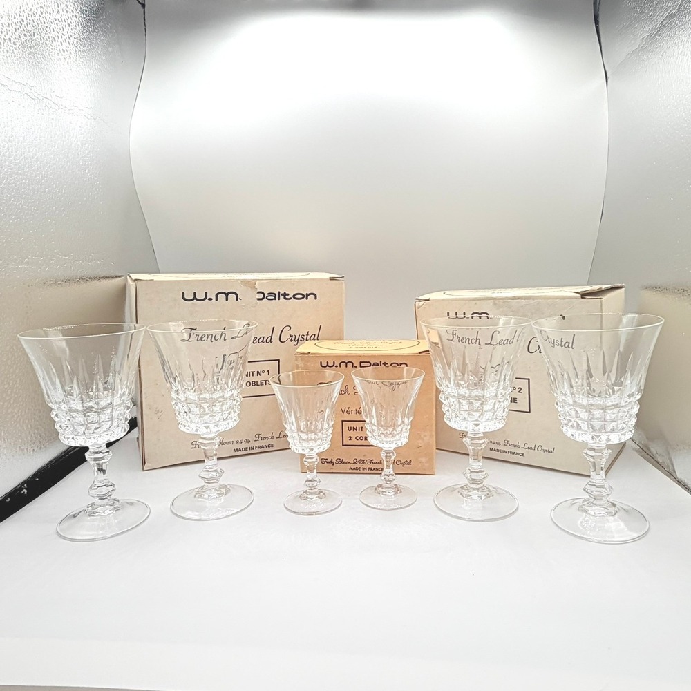 W.M. Dalton Verite French Lead Crystal Stemware Set 6pc Goblet Wine Cordial EX
